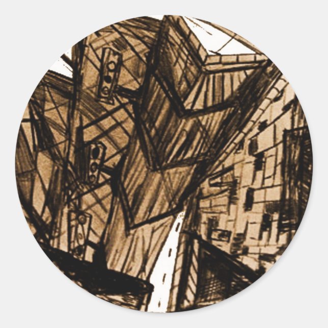 down perspective white classic round sticker (Front)