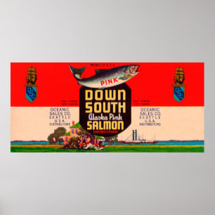 Down South Brand Salmon Label- Seattle, WA Poster
