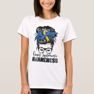 Down syndrome awareness messy hair bun glasses T-Shirt