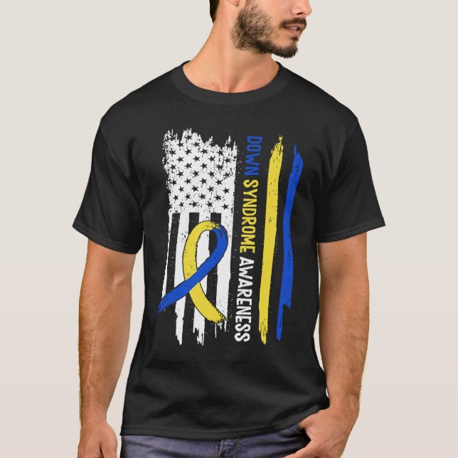 Down Syndrome USA Flag Blue Yellow Ribbon T-Shirt (Front)