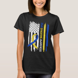 Down Syndrome USA Flag Blue Yellow Ribbon T-Shirt