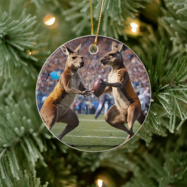 "Down Under Action: Kangaroos Playing Aussie Rules Ceramic Ornament (Tree)