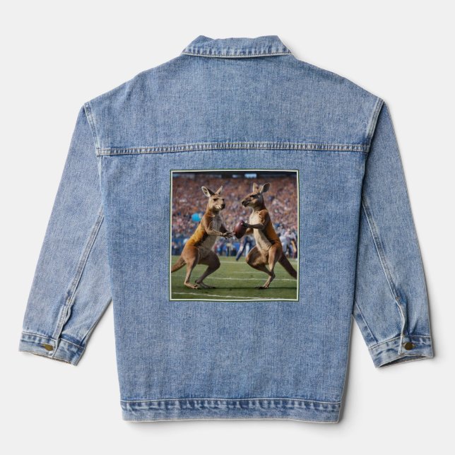"Down Under Action: Kangaroos Playing Aussie Rules Denim Jacket (Back)