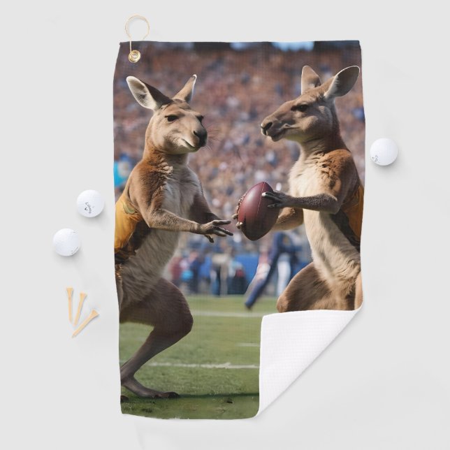 "Down Under Action: Kangaroos Playing Aussie Rules Golf Towel (InSitu)