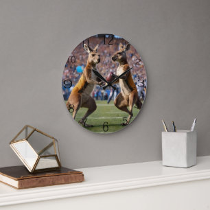 "Down Under Action: Kangaroos Playing Aussie Rules Large Clock