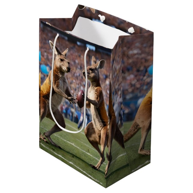 "Down Under Action: Kangaroos Playing Aussie Rules Medium Gift Bag (Front Angled)