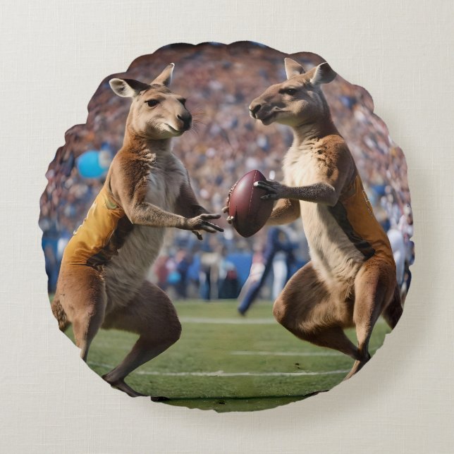 "Down Under Action: Kangaroos Playing Aussie Rules Round Cushion (Front)