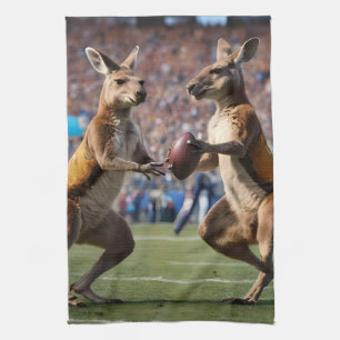 "Down Under Action: Kangaroos Playing Aussie Rules Tea Towel