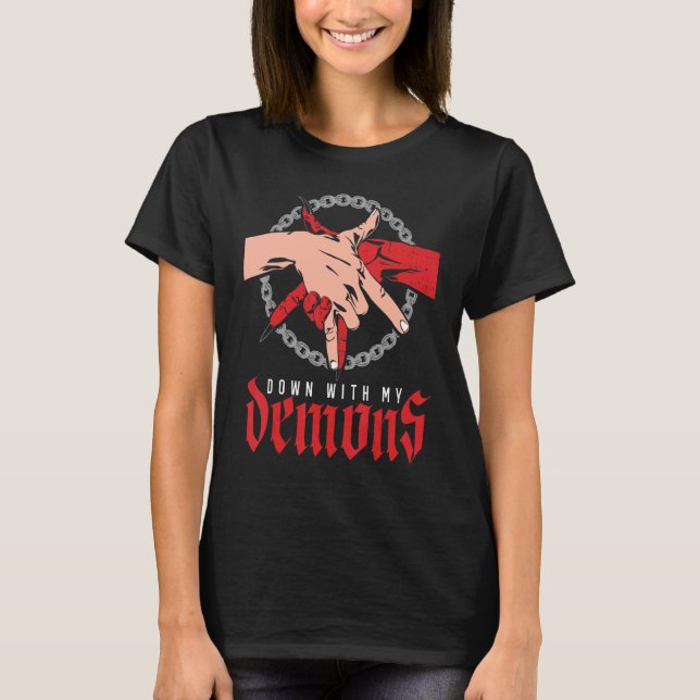 Down With My Demons Deal Handshake Aesthetic Humou T-Shirt (Front)