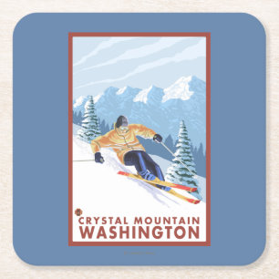 Downhhill Snow Skier - Crystal Mountain, WA Square Paper Coaster