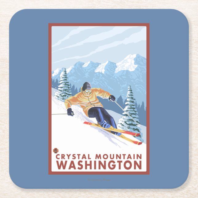 Downhhill Snow Skier - Crystal Mountain, WA Square Paper Coaster (Front)