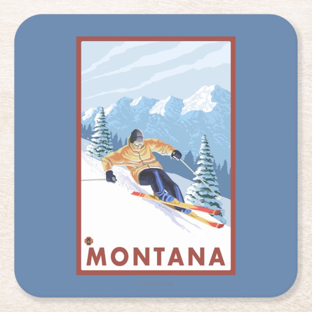 Downhhill Snow Skier - Montana Square Paper Coaster (Front)