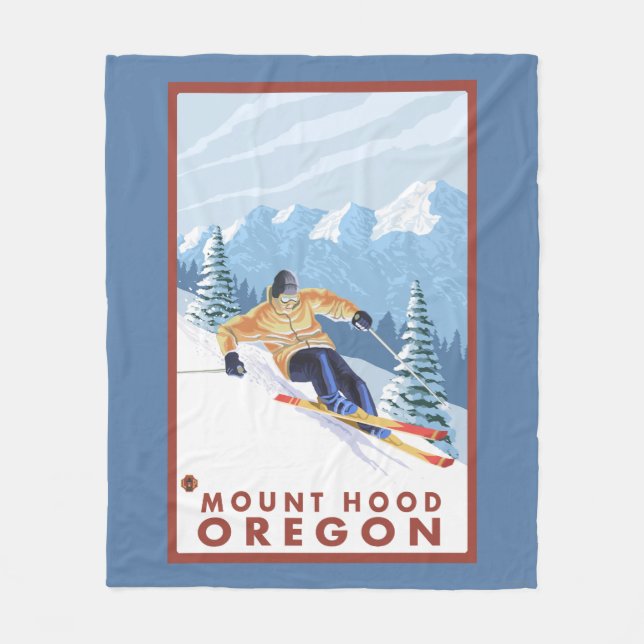 Downhhill Snow Skier - Mount Hood, Oregon Fleece Blanket (Front)