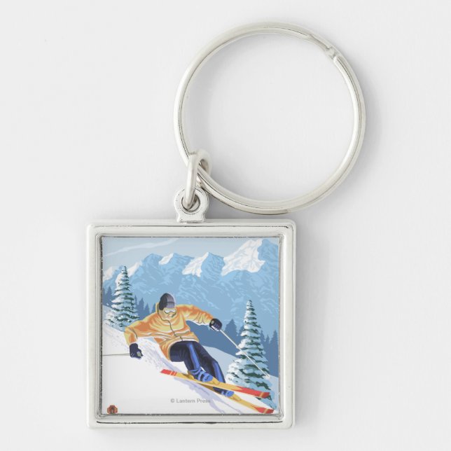 Downhhill Snow Skier - Mount Spokane, Key Ring (Front)