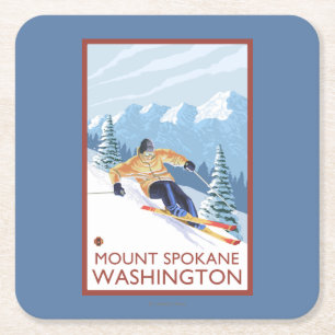Downhhill Snow Skier - Mount Spokane, Square Paper Coaster