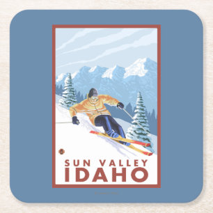 Downhhill Snow Skier - Sun Valley, Idaho Square Paper Coaster