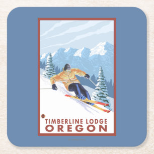 Downhhill Snow Skier - Timberline Lodge, Oregon Square Paper Coaster