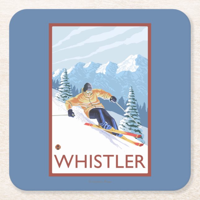 Downhhill Snow Skier - Whistler, BC Canada Square Paper Coaster (Front)