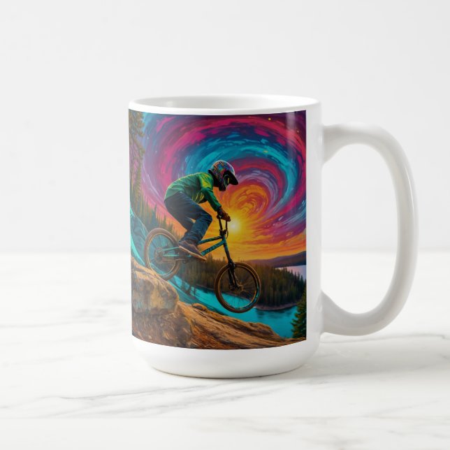 Downhill BMX Ride by a Forest Lake Coffee Mug (Right)