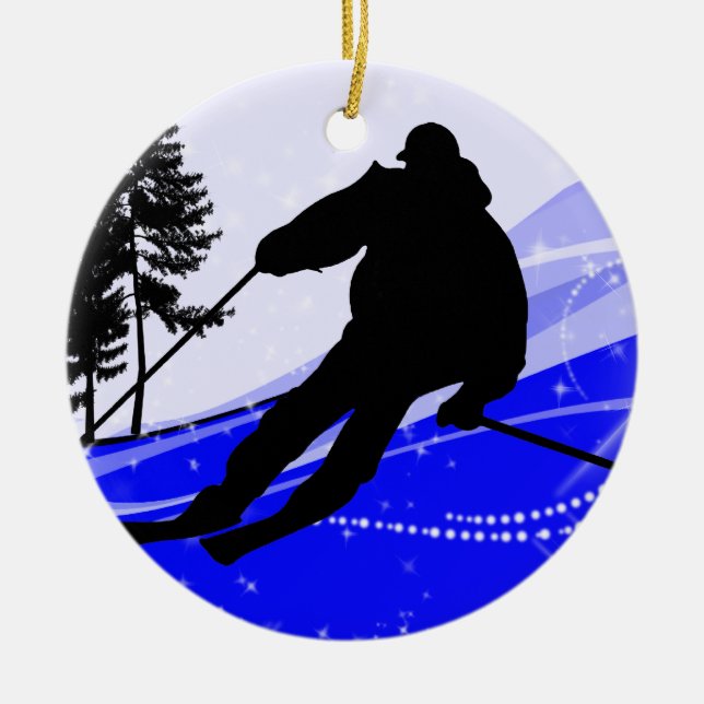 Downhill on the Ski Slope Ceramic Tree Decoration (Front)