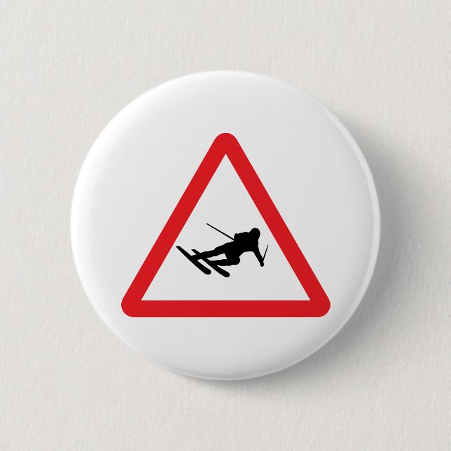 downhill skiing ski warning sign 6 cm round badge (Front)