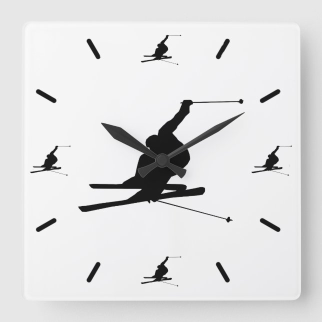 Downhill Snow Skier Silhouette Custom Colour Square Wall Clock (Front)
