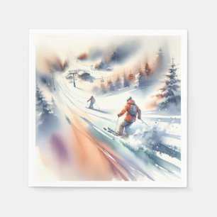 Downhill Snow Skiers In Watercolor Napkin