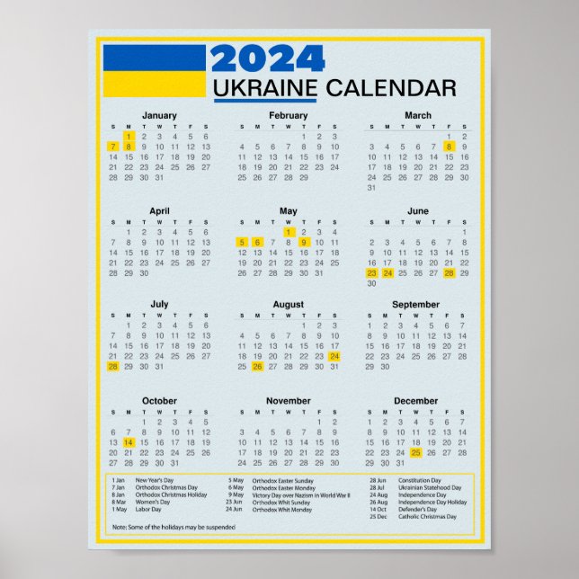 Download 2024 Ukrainian Calendar with Holidays Poster (Front)