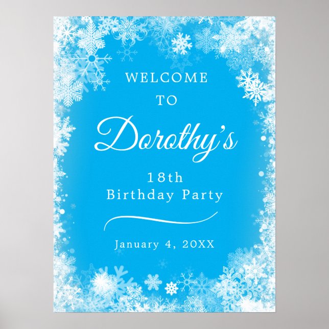Downloadable 18th Birthday Snowflake Blue Welcome Poster (Front)