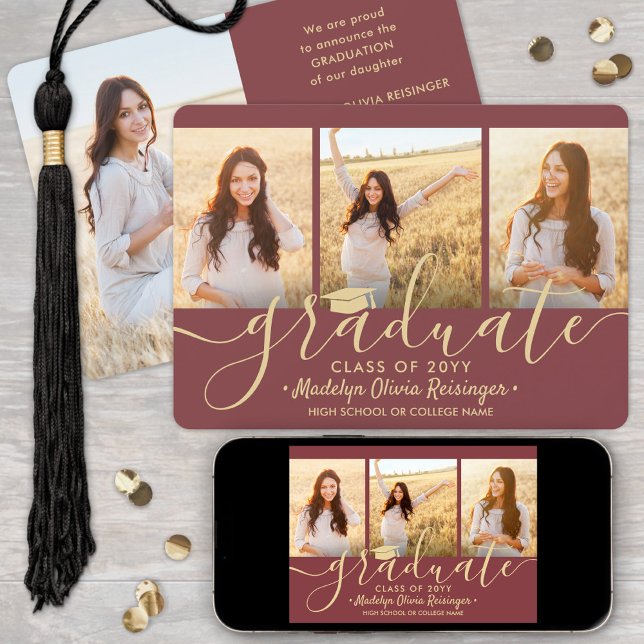 Downloadable 4 Photo Graduation Burgundy & Gold Announcement (Creator Uploaded)