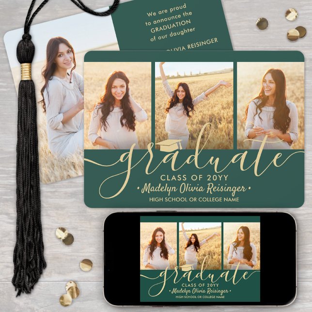 Downloadable 4 Photo Graduation Green and Gold Announcement (Creator Uploaded)