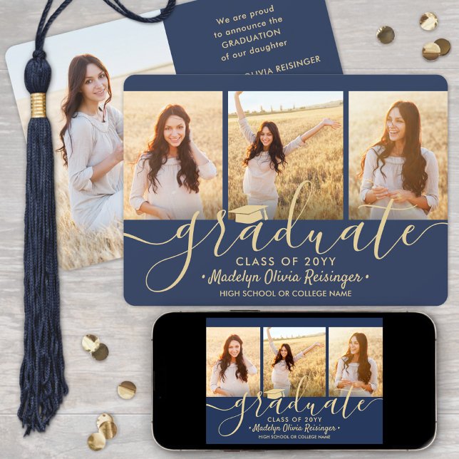 Downloadable 4 Photo Graduation Navy Blue & Gold Announcement (Creator Uploaded)