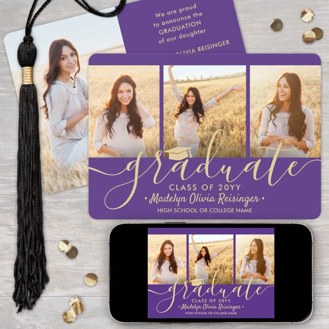 Downloadable 4 Photo Graduation Purple and Gold Announcement (Creator Uploaded)