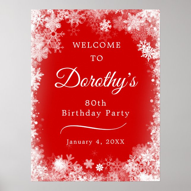 Downloadable 80th Birthday Snowflake Red Welcome Poster (Front)