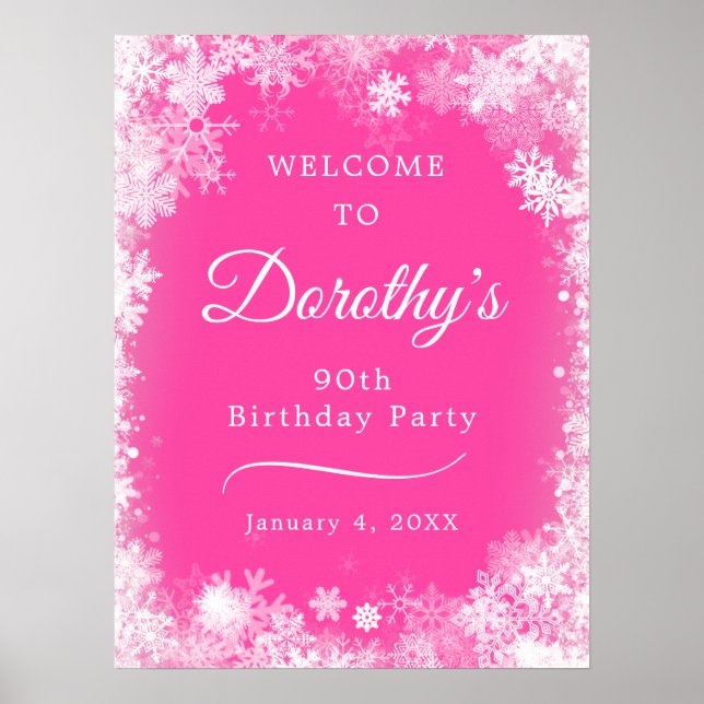Downloadable 90th Birthday Snowflake Pink Welcome Poster (Front)