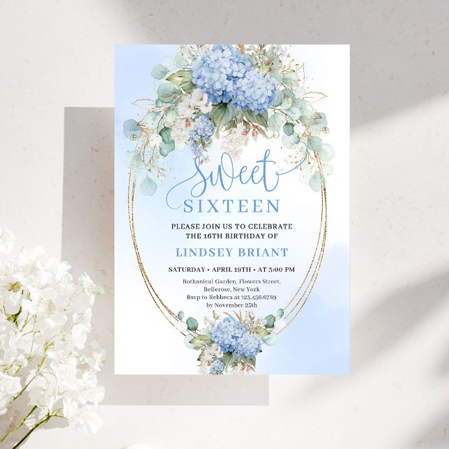 Downloadable Blue Hydrangea Gold Sweet 16 Birthday Invitation (Downloadable Blue Hydrangea Gold Sweet 16 Birthday Invite)