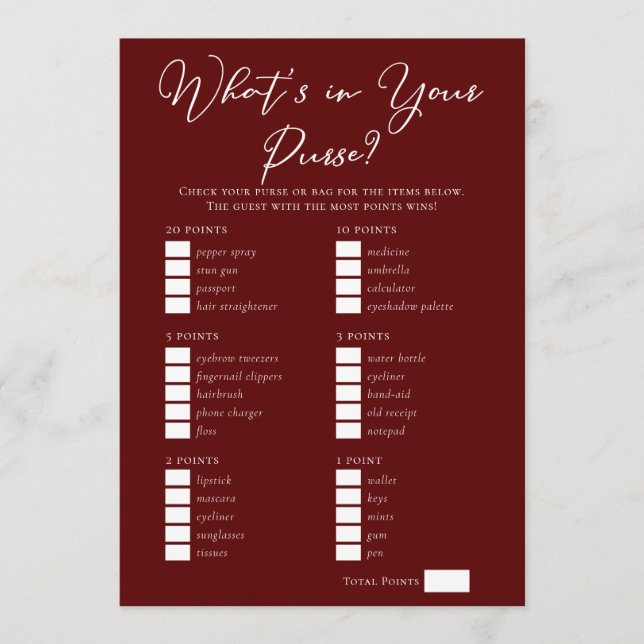 Downloadable Burgundy Purse Bridal Shower Game Card (Front)