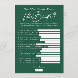 Downloadable Green Bride Facts Shower Game Card