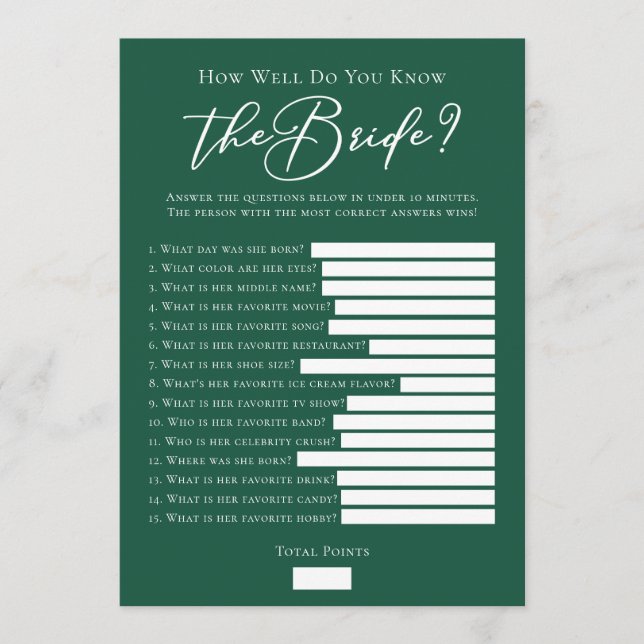 Downloadable Green Bride Facts Shower Game Card (Front)