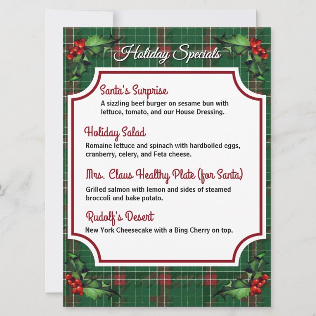 Downloadable Green Plaid Holiday Specials Menu (Front)