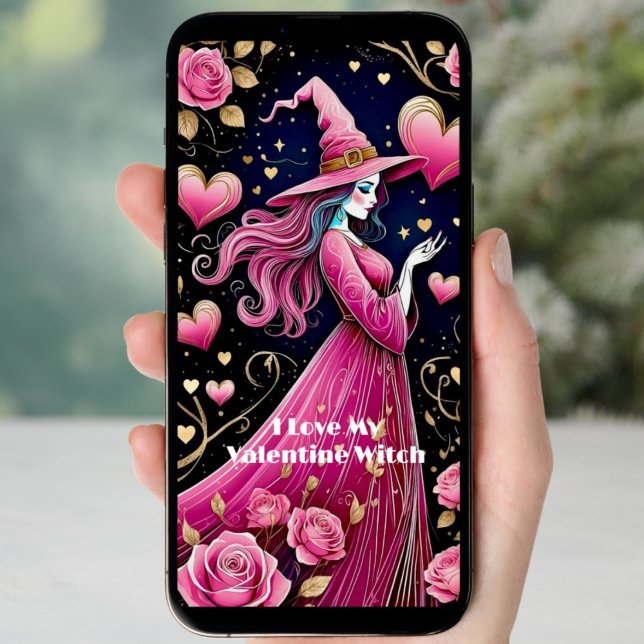 Downloadable pink line art witch Valentines Holiday Card (Creator Uploaded)