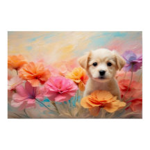 Downloadable puppy surrounded by pastel flowers
