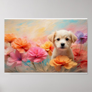 Downloadable puppy surrounded by pastel flowers poster