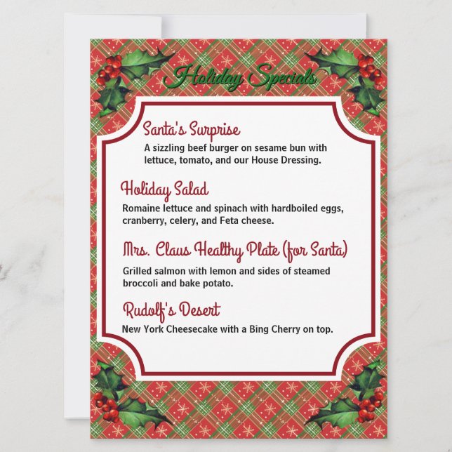 Downloadable Red Plaid Holiday Specials Menu (Front)
