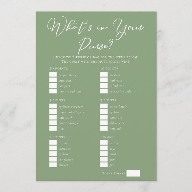 Downloadable Sage Green Purse Bridal Shower Game Card (Front)