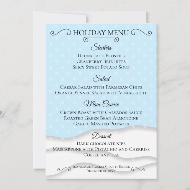 Downloadable snow winter holiday Christmas menu Invitation (Front)