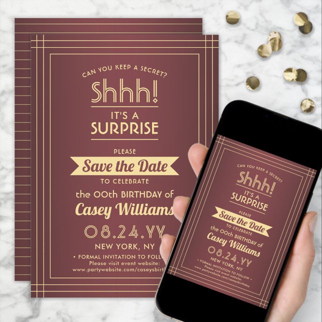 Downloadable Surprise Birthday Burgundy and Gold Save The Date (Creator Uploaded)