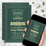 Downloadable Surprise Birthday Green and Gold Save The Date<br><div class="desc">Can you keep a secret? Invite family and friends to an elegant and exciting surprise birthday celebration with custom green and gold save the date party invitations. All wording on this template is simple to personalise, including message that reads "Shhh! It's a SURPRISE." The design features a modern striped border...</div>