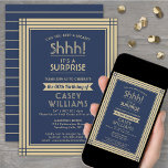 Downloadable Surprise Birthday Navy Blue and Gold Invitation<br><div class="desc">Can you keep a secret? Invite family and friends to an elegant and exciting surprise birthday celebration with custom navy blue and gold party invitations. All wording on this template is simple to personalise, including message that reads "Shhh! It's a SURPRISE." The design features a modern striped border, classic vintage...</div>