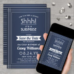 Downloadable Surprise Birthday Navy Blue and White Save The Date<br><div class="desc">Can you keep a secret? Invite family and friends to an elegant and exciting surprise birthday celebration with custom navy blue and white save the date party invitations. All wording on this template is simple to personalise, including message that reads "Shhh! It's a SURPRISE." The design features a modern striped...</div>